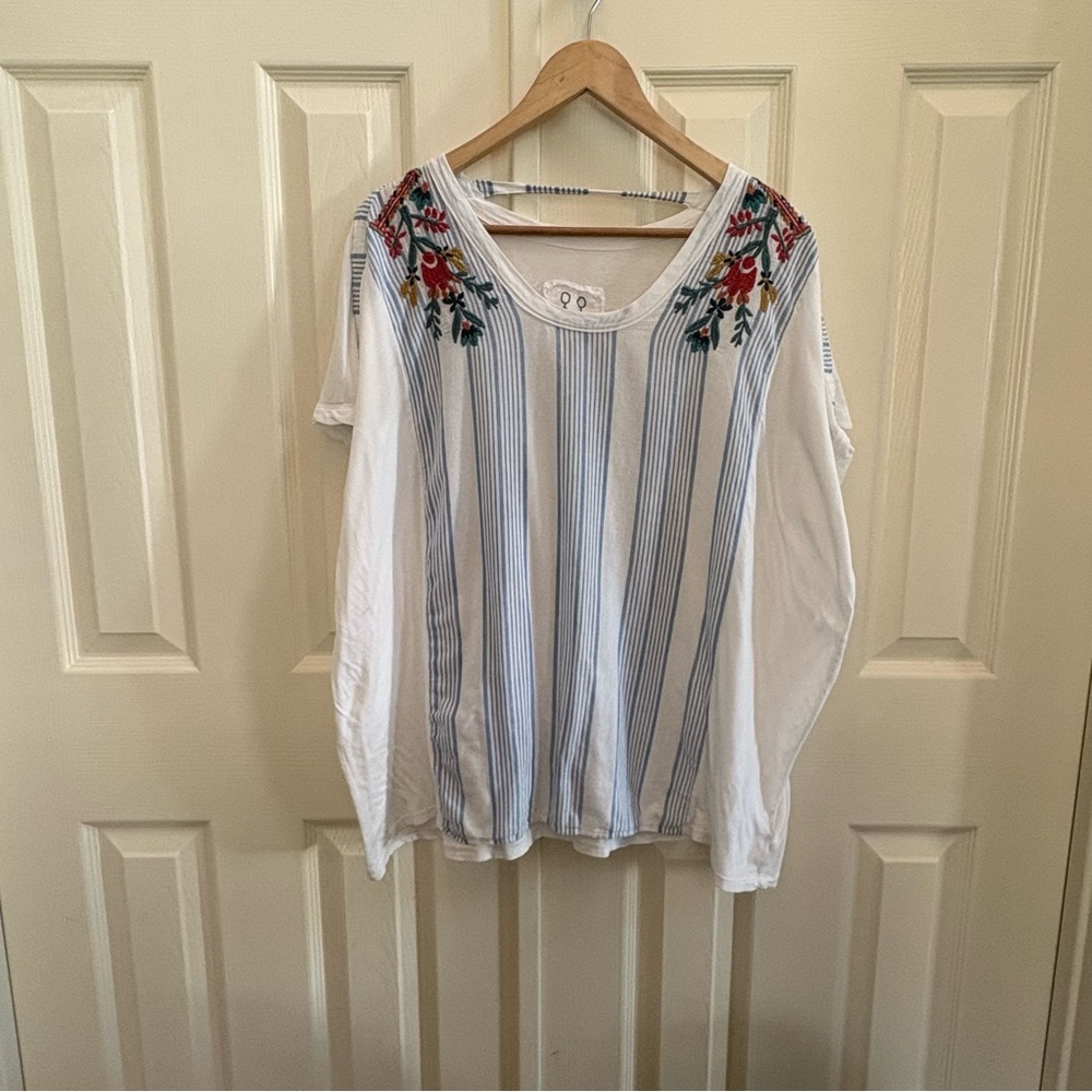 Johnny Was White and Blue Striped Blouse with Floral Embroidery